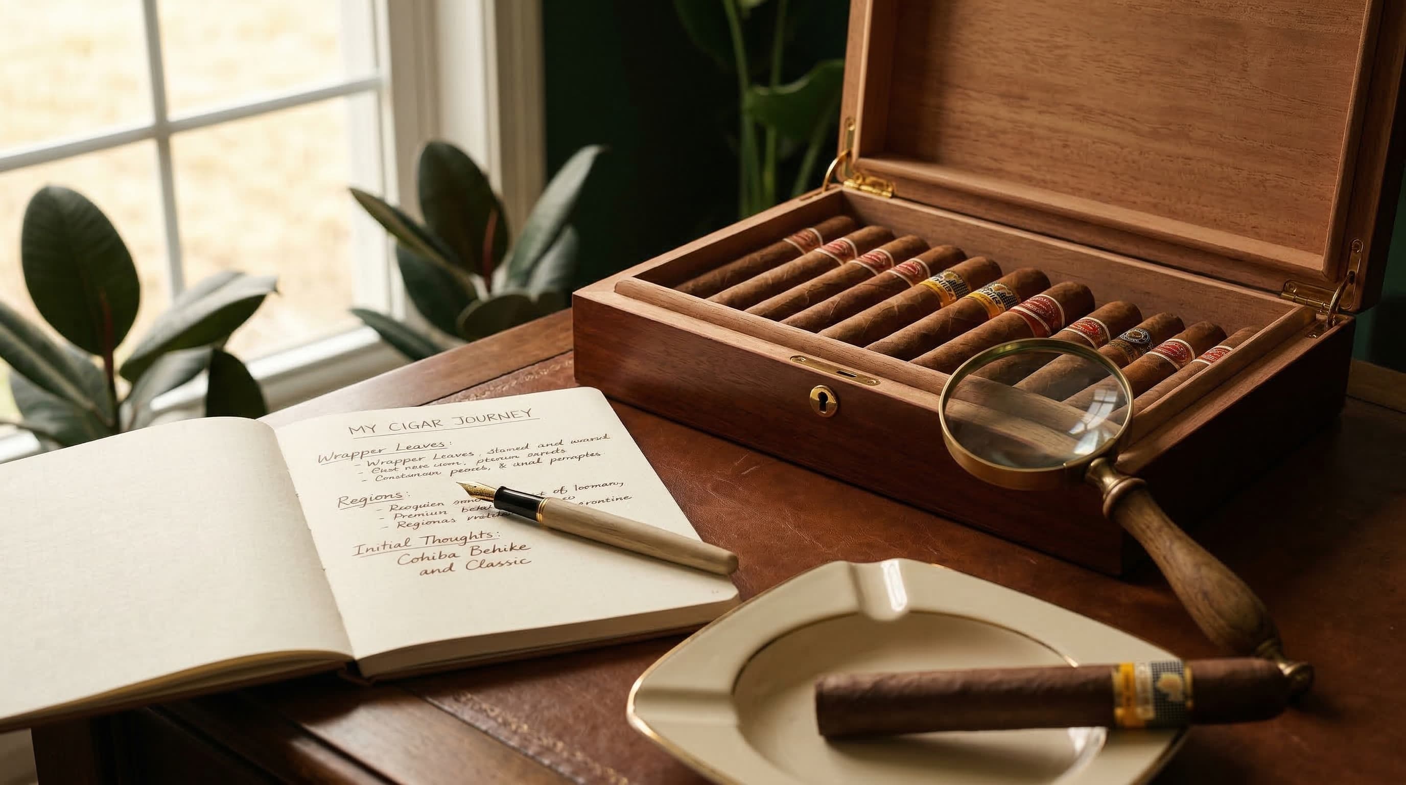 Guía para principiantes - humidor abierto con cuaderno y lupa