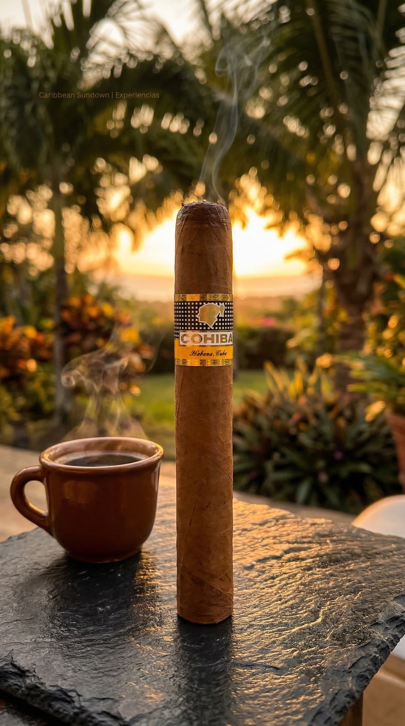 Puro cubano Cohiba con café al atardecer caribeño