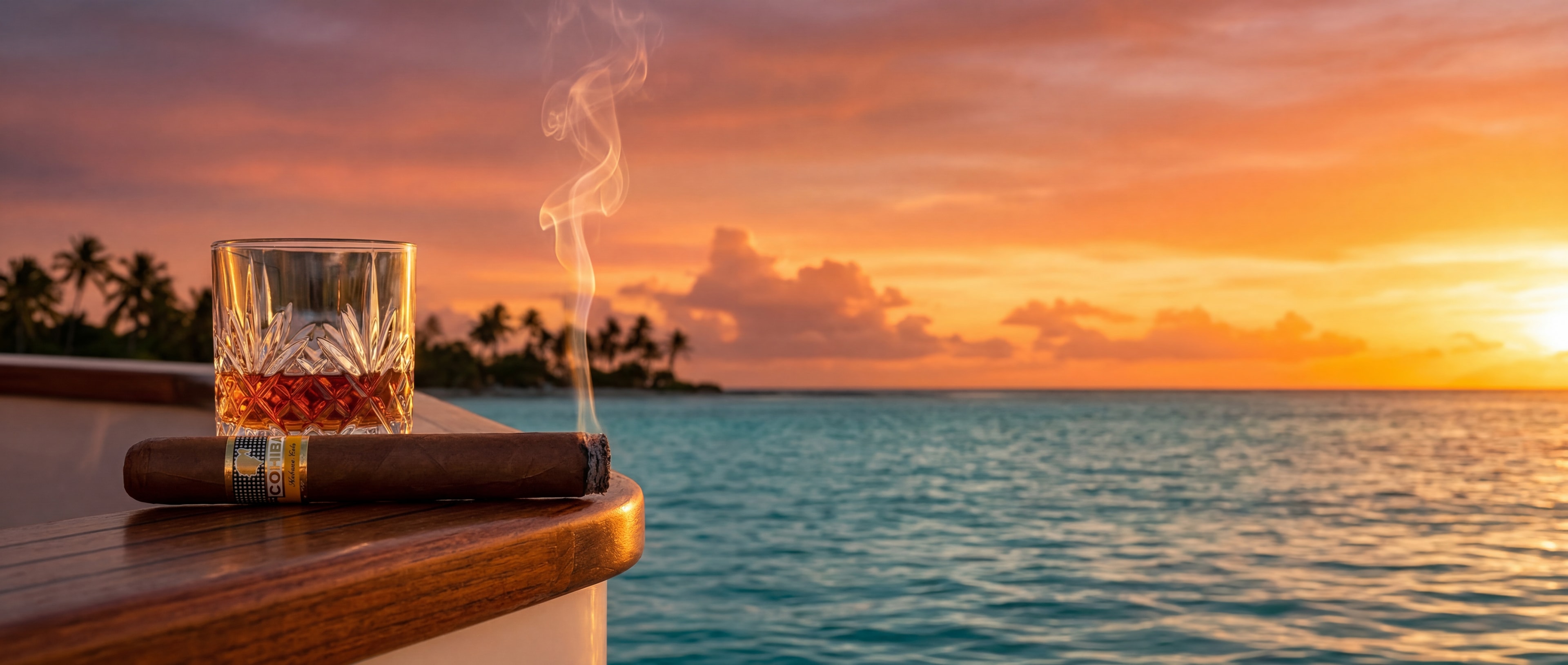 Cohiba con ron en yate al atardecer caribeño