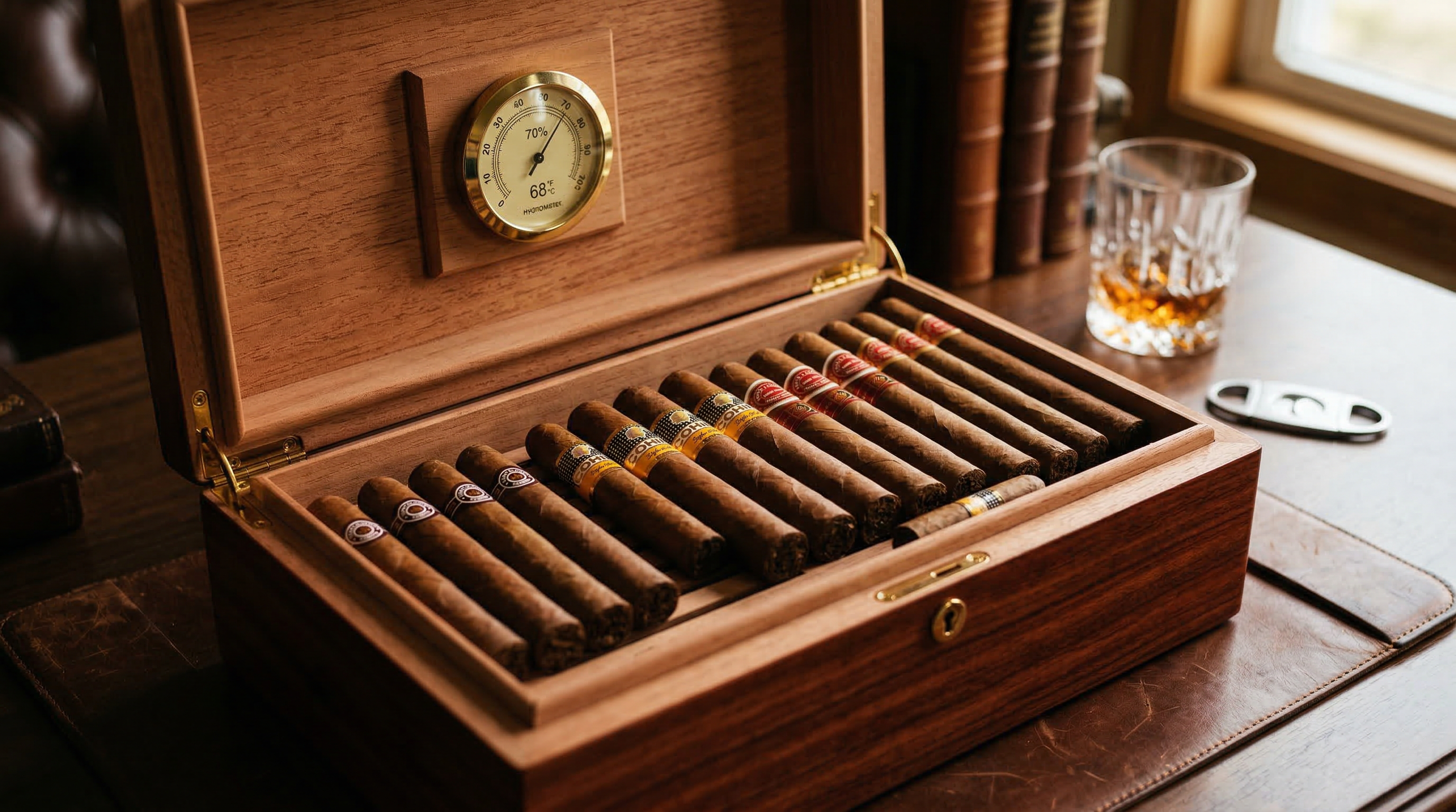 Beautiful open cedar humidor with Cuban cigars neatly arranged inside