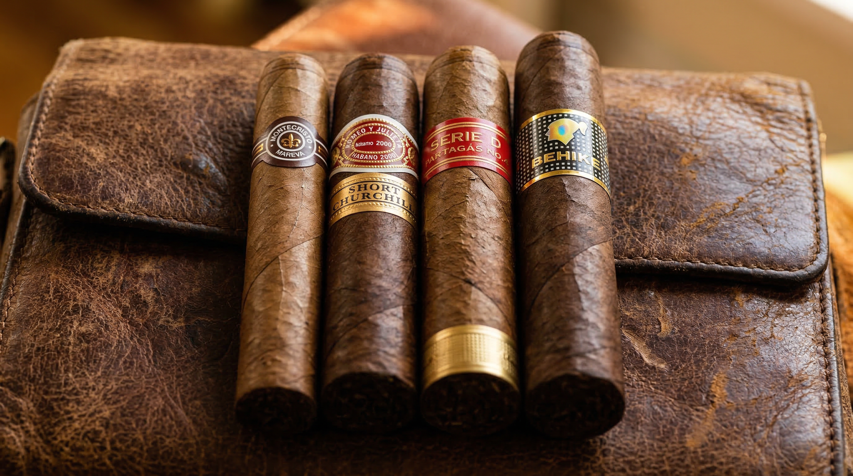 Close-up of four Cuban cigars of different ring gauges side by side